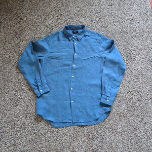Theory Irving Mens Linen Shirt Sz Large Blue Long Sleeve Collared Button Down